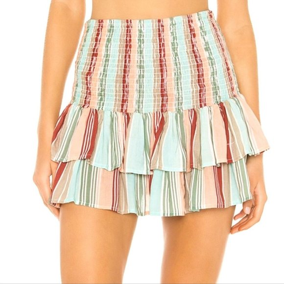 Pilyq Stripe Smocked Mini Skirt +Tie Top Sz XS Beach Cover Up 2Pc Swim Resort - Picture 7 of 12